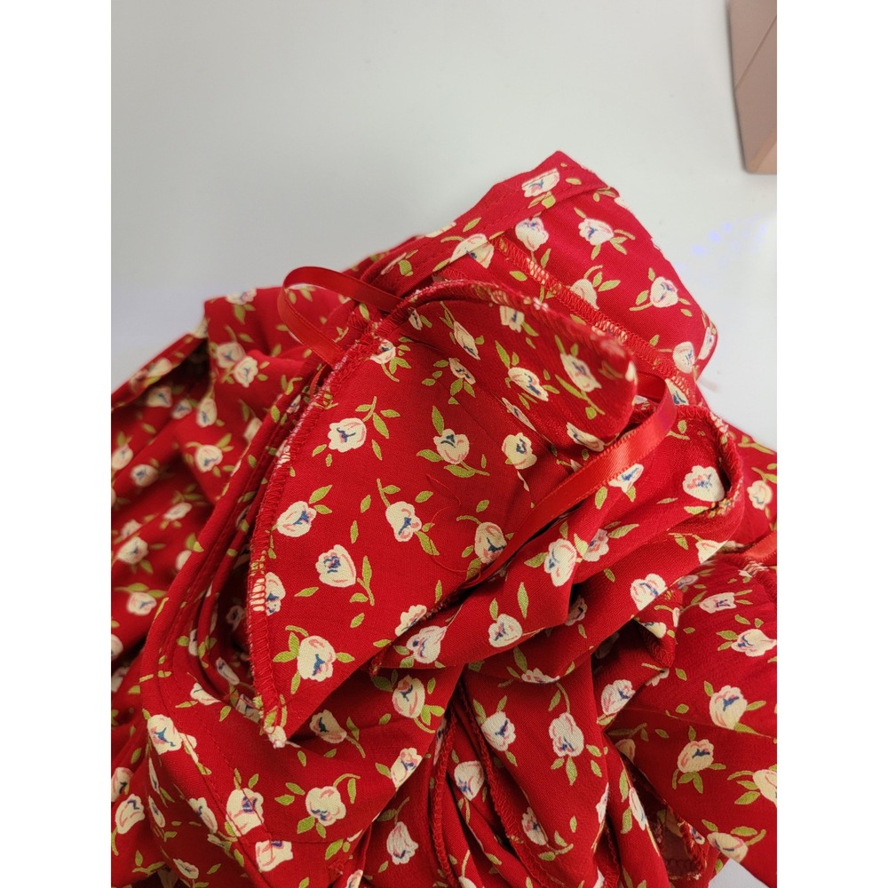 Vintage Sara Campbell Red Floral Midi Dress Petite 8P Button Front Rayon - Picture 9 of 14